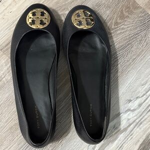Tory Burch Black Flats with Gold Emblem